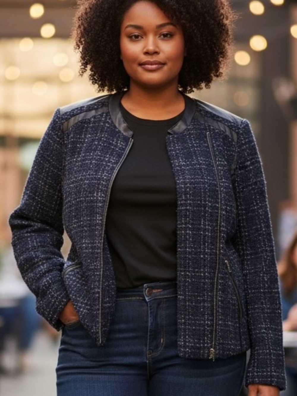 Christopher & Banks Navy Tweed Jacket with Black Accents